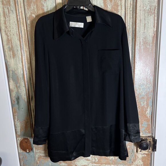 DANA BUCHMAN Button Down Black Dress Size 12 Satin Like Collar Cuffs Bottom Hem - Picture 1 of 14
